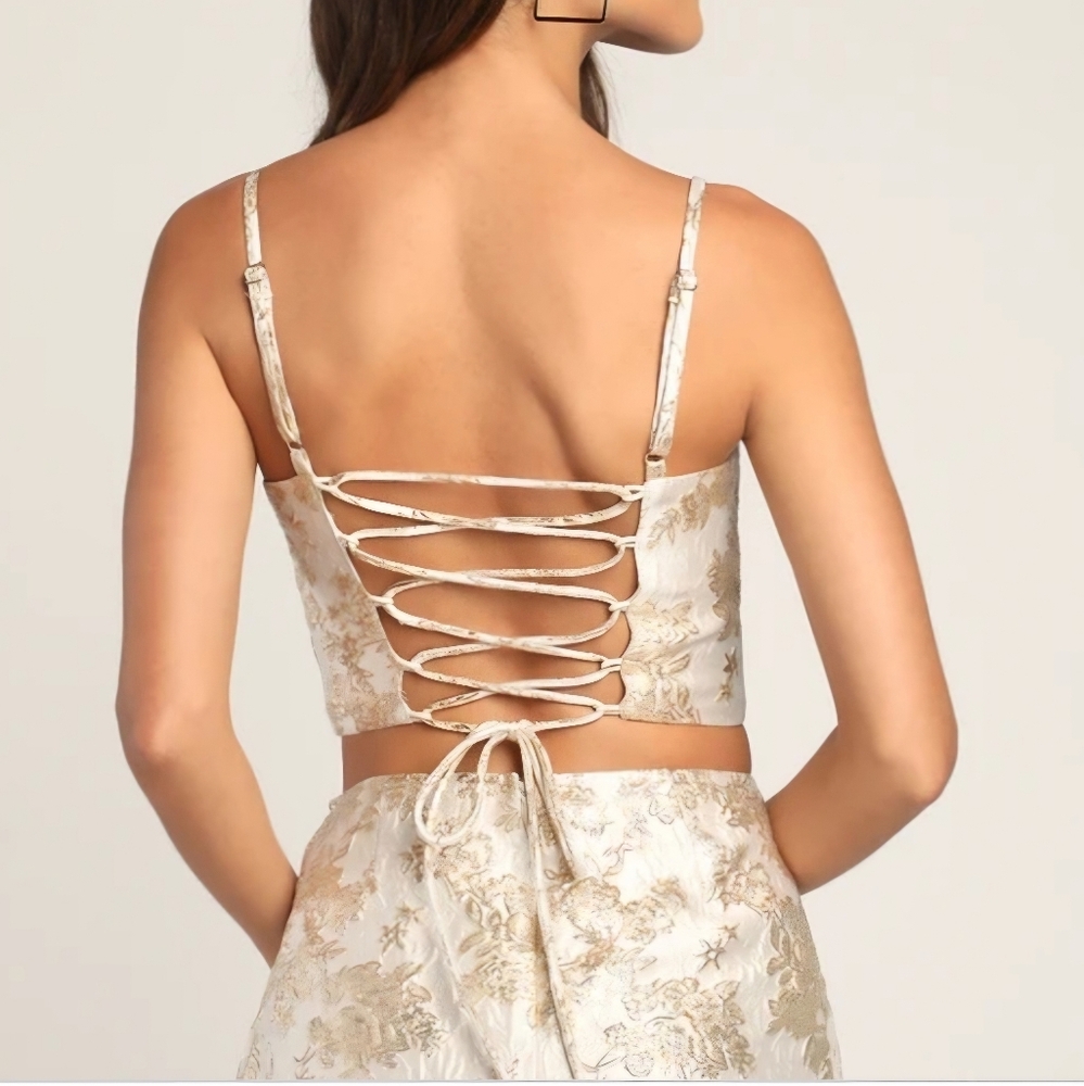 NWT Lulus Cream Jacquard Lace-Up Two-Piece Mini Dress MED - Picture 4 of 6